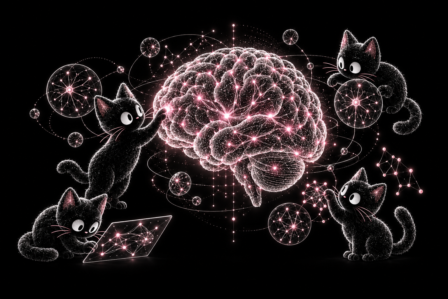 Four silver particle cats explore a luminous brain threaded with soft pink neural connections